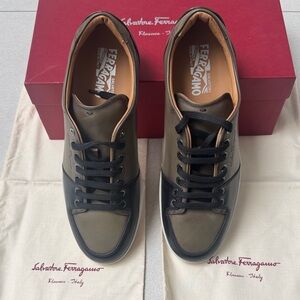 Salvatore Ferragamo Olive and Black Leather Low-Top Sneakers